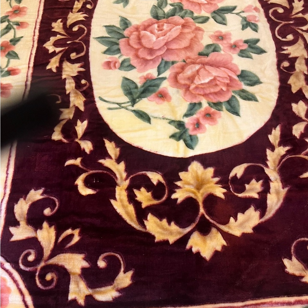 Opulent Floral Design with Golden Scrollwork on Burgundy Rug and Runner